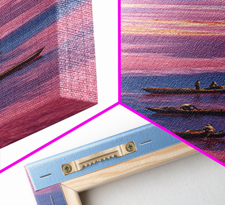Pink Lake Boats African Landscape Wall Art, Senegal Salt Flats Canvas Print, Travel Decor, Serene Coastal Unique Artwork Gift