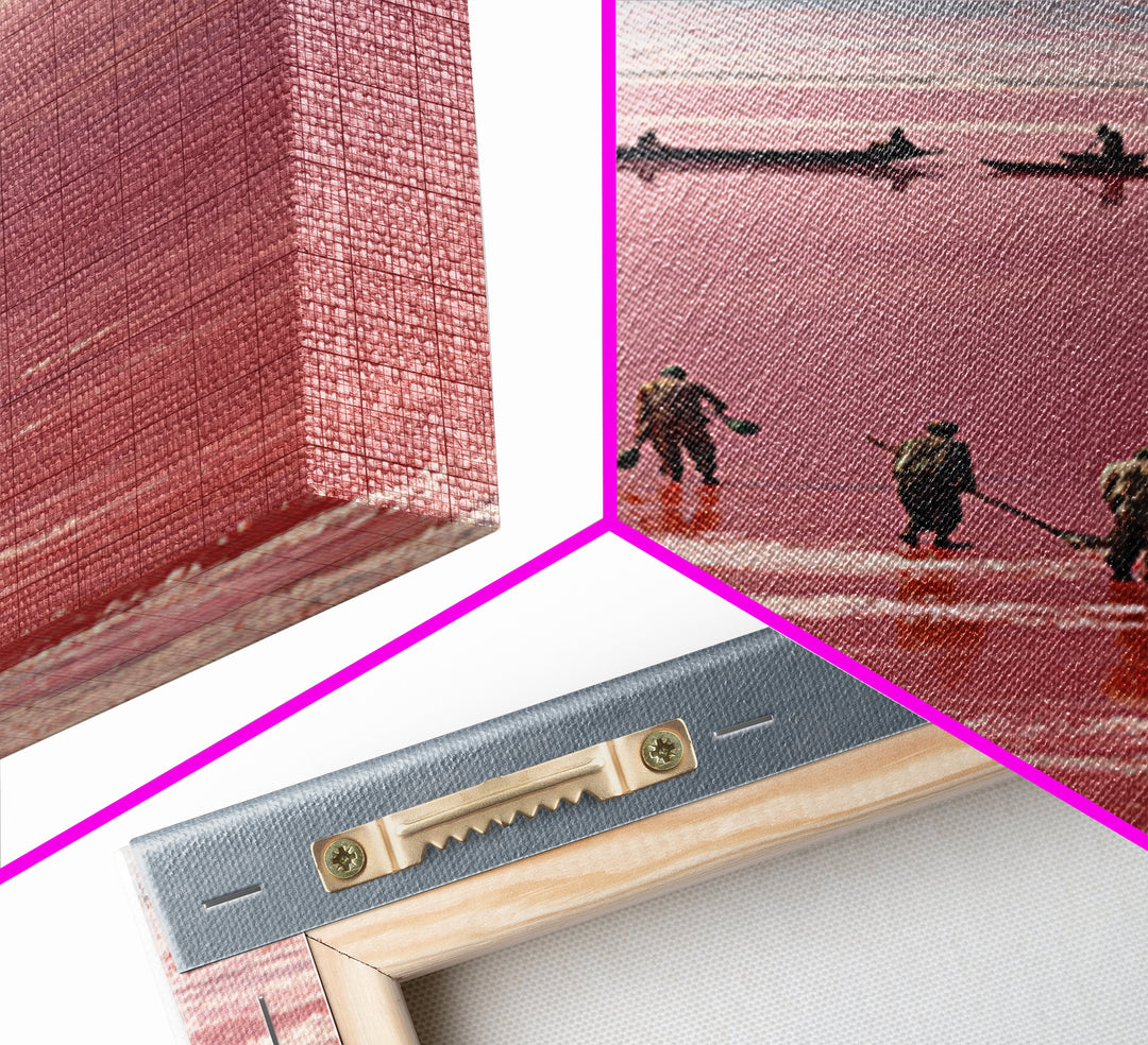 Rose Salt Lake Workers Canvas Print, African Landscape Wall Art, Pink Water Boats, Travel Poster, Serene Home Decor Gift