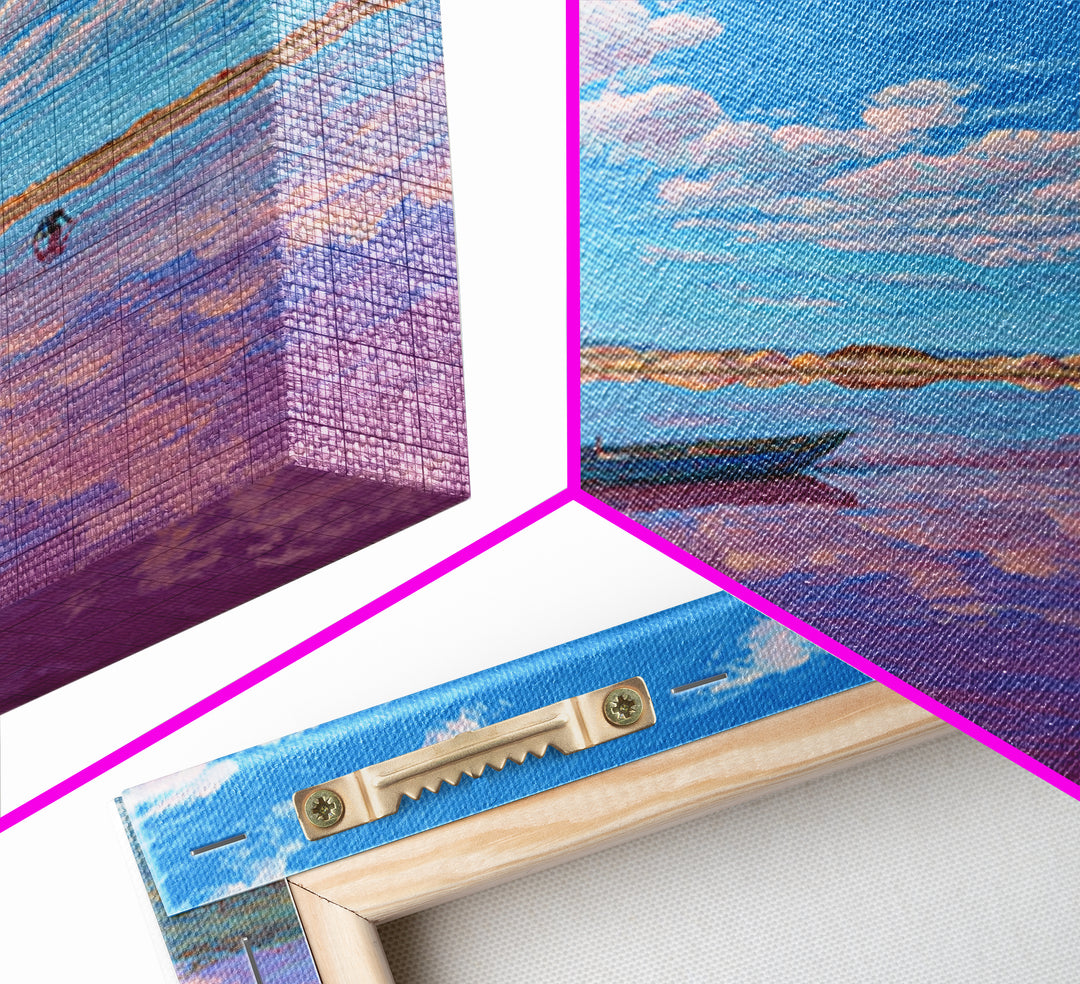 Blue Sky Pink Lake Canvas Print, African Landscape Wall Art, Boat Scene Travel Poster, Dreamy Nature Decor For Living Room
