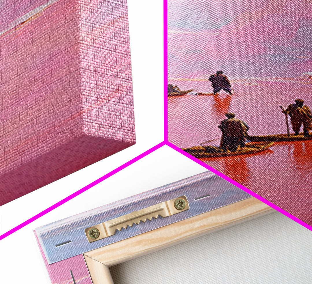 Rose Pink Salt Flats Canoes Canvas Print, African Fishermen Wall Decor, Pastel Safari Art Poster, Unique Home Decor Gift