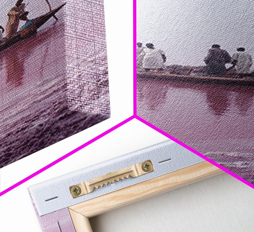 Misty Pink Lake Boat Canvas Print, African Fishermen Wall Art Decor, Minimalist Pastel Landscape, Serene Living Room Art