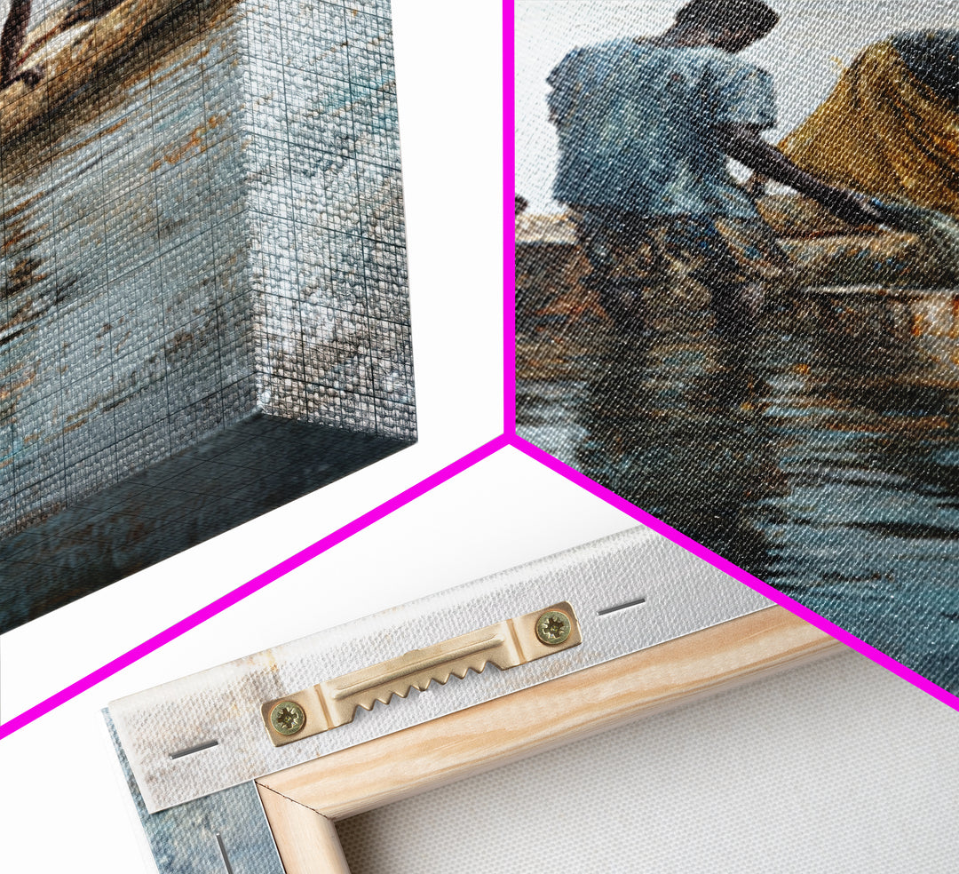 Fishermen Washing Nets By Canoe Wall Art, African Painting Canvas Decor, Cultural River Scene, Rustic Living Room Home Decor Gift