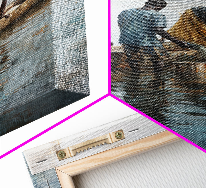 Fishermen Washing Nets By Canoe Wall Art, African Painting Canvas Decor, Cultural River Scene, Rustic Living Room Home Decor Gift