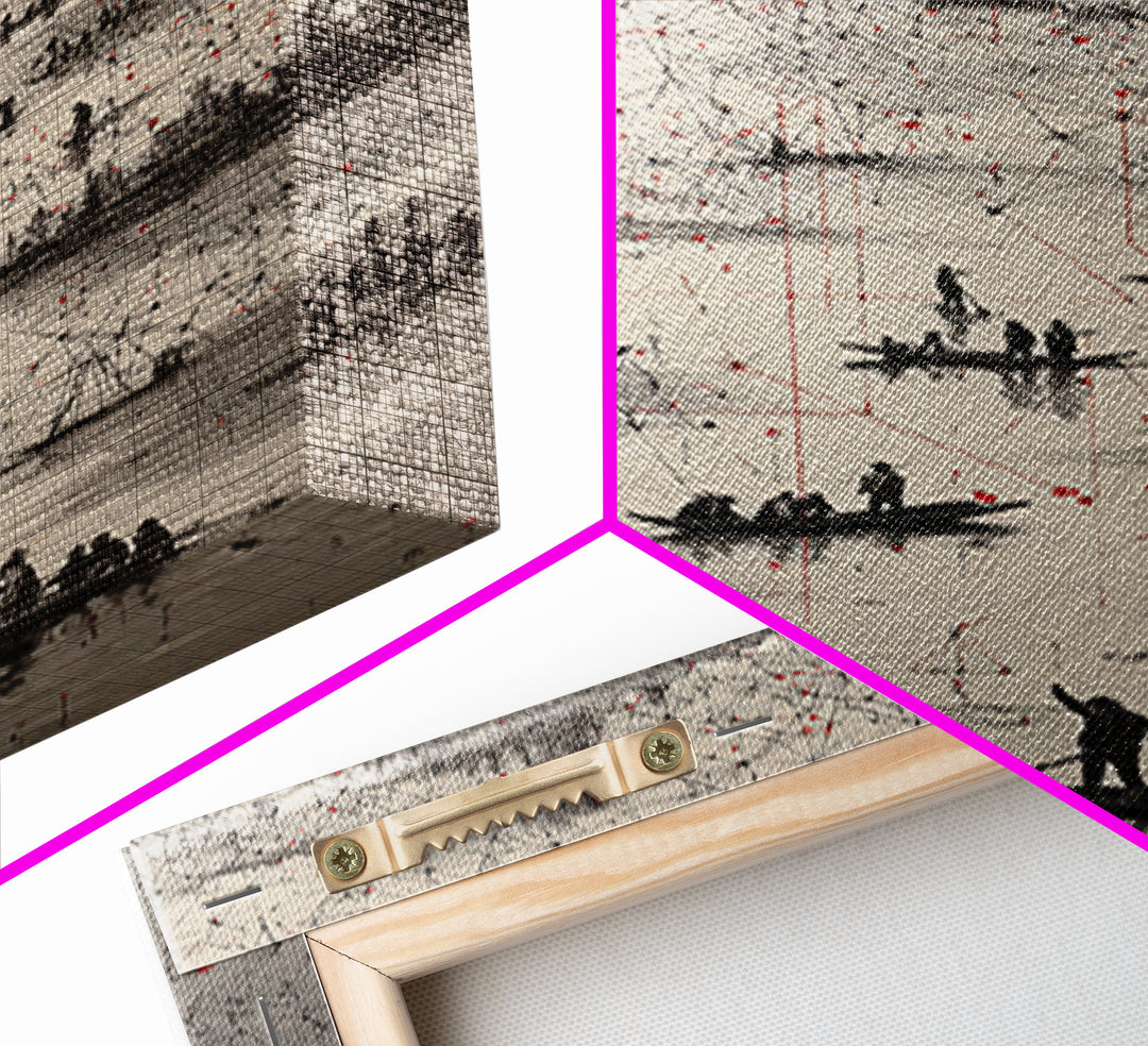 Monochrome River Boats With Red Lines Wall Art, African Landscape Print, Abstract Map Network, Cultural Gallery Home Decor