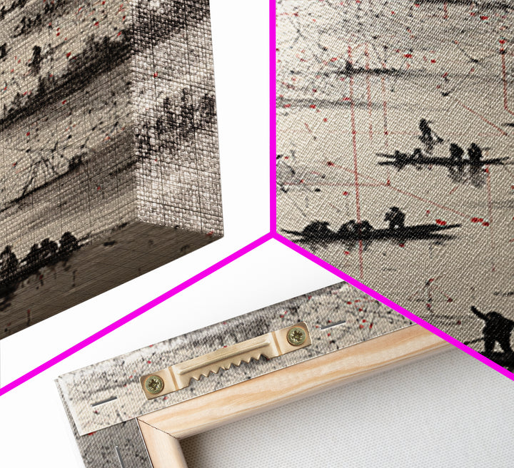 Monochrome River Boats With Red Lines Wall Art, African Landscape Print, Abstract Map Network, Cultural Gallery Home Decor