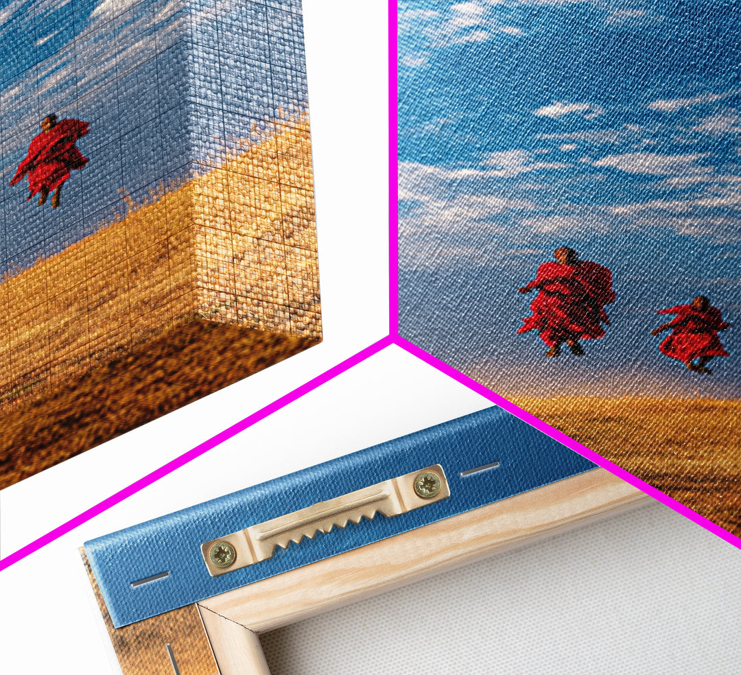 Four Maasai Warriors Jumping Over Savanna Wall Art, African Safari Art Print, Blue Sky Landscape, Cultural Home Decor Gift