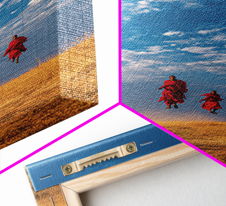 Four Maasai Warriors Jumping Over Savanna Wall Art, African Safari Art Print, Blue Sky Landscape, Cultural Home Decor Gift