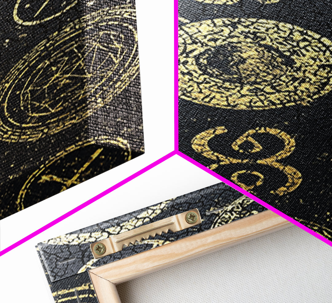 Gold Tribal Symbols And Skulls On Black Texture Canvas Print, African Abstract Wall Art, Mystical Pattern Home Decor Gift
