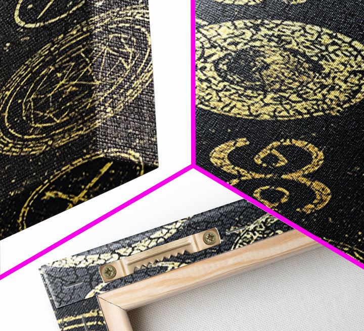 Gold Tribal Symbols And Skulls On Black Texture Canvas Print, African Abstract Wall Art, Mystical Pattern Home Decor Gift