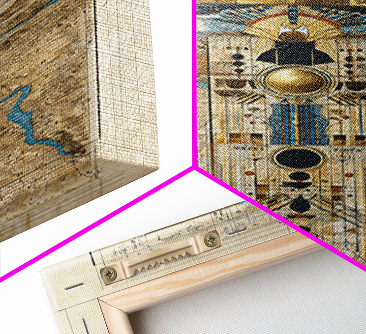 Egyptian Sacred Geometry Totem Canvas Print, African Egyptian Wall Art, Gold Blue Map Decor, Mystical Ancestral Poster Print