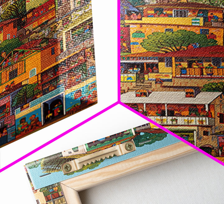 Colorful African Hillside Village Wall Art, Urban Home Scene Print, Tropical Architecture Decor, Vibrant Cultural Canvas