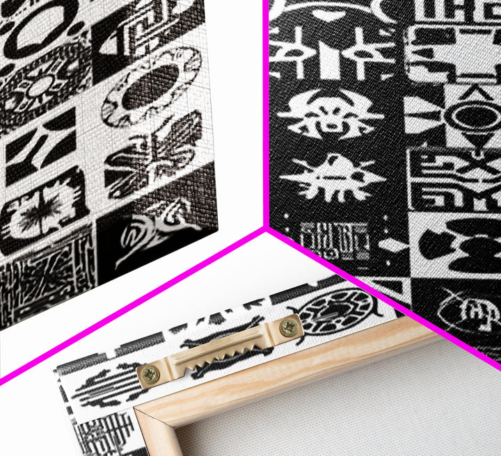 Black White African Symbols Wall Art, Adinkra Pattern Canvas Print, Tribal Art Decor, African Fabric Inspired Home Decor