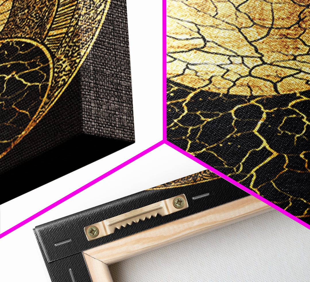 Gold Kintsugi Sun Moon Oval On Black Canvas Print, Spiritual Geometric Art, Luxury Abstract Decor, Mystical Celestial Gift