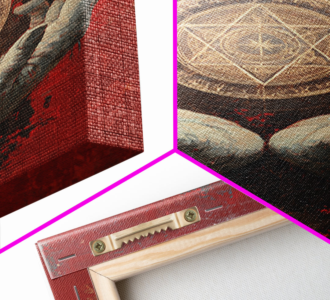 Golden Sacred Geometry In Weathered Hands Wall Art, Mystical Abstract Canvas, Spiritual Home Decor, Red And Gold Artwork