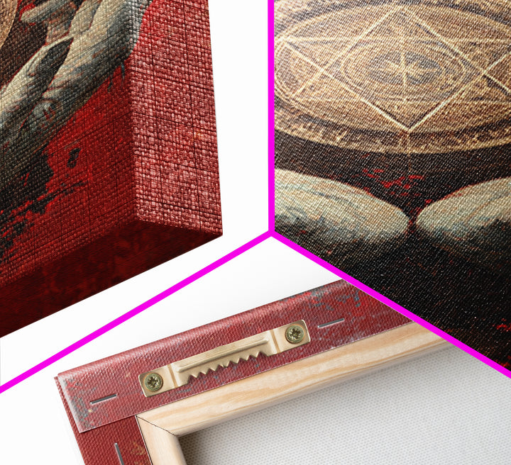 Golden Sacred Geometry In Weathered Hands Wall Art, Mystical Abstract Canvas, Spiritual Home Decor, Red And Gold Artwork