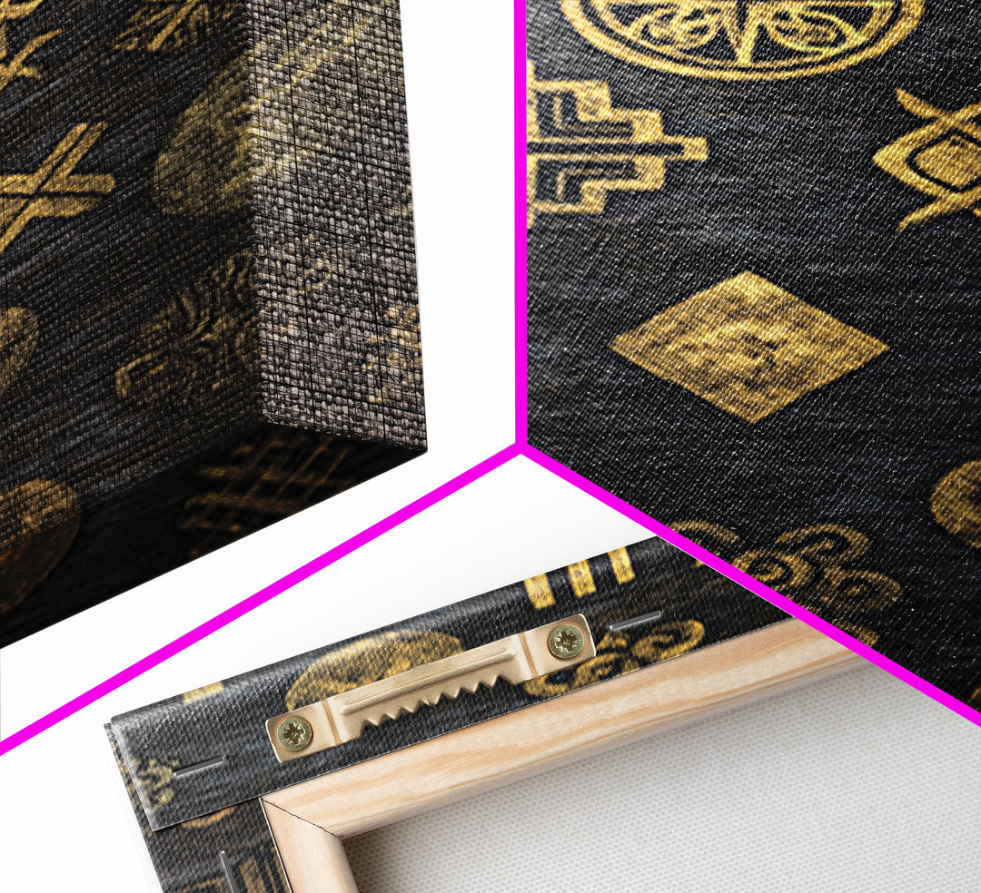 Gold Adinkra Symbols On Black Canvas Print, African Patterns Wall Decor, Tribal Art Print, Cultural Home Decor For Living Room