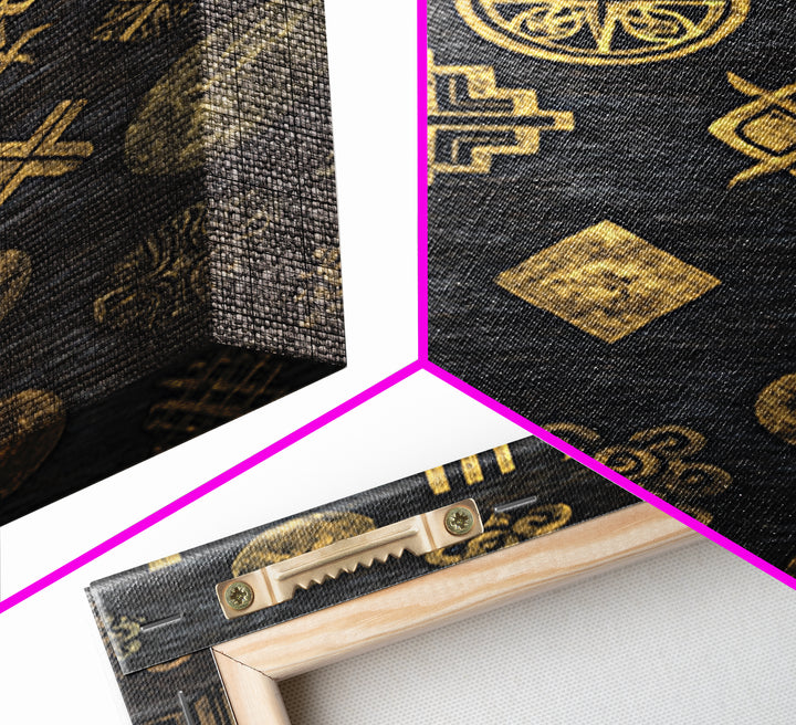 Gold Adinkra Symbols On Black Canvas Print, African Patterns Wall Decor, Tribal Art Print, Cultural Home Decor For Living Room