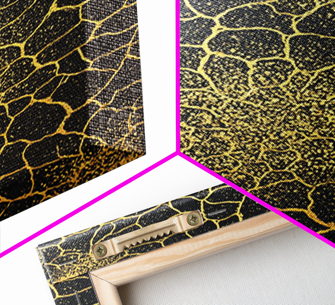 Gold Botanical Crackle Pattern Canvas Print, Black Abstract Wall Art, Geometric Floral Decor, Luxury Statement Piece For Modern Home