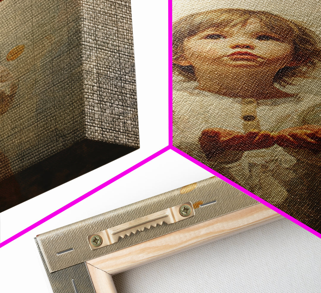 Wide Eyed Child Receiving Coins Framed Canvas Print, Classic Portrait Wall Art, Meaningful Gift, Soft Neutral Home Decor