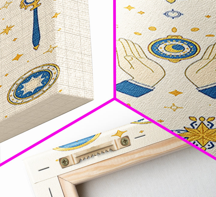 Blue Gold Celestial Symbols With Moon Hands And Stars Wall Art, Mystical Spiritual Boho Decor, Elegant Gallery Canvas Print