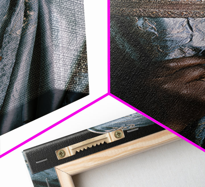 Blue Gold Veiled African Woman Portrait Framed Canvas Print, Luxury Afrocentric Wall Decor, Cultural Photography Fine Art
