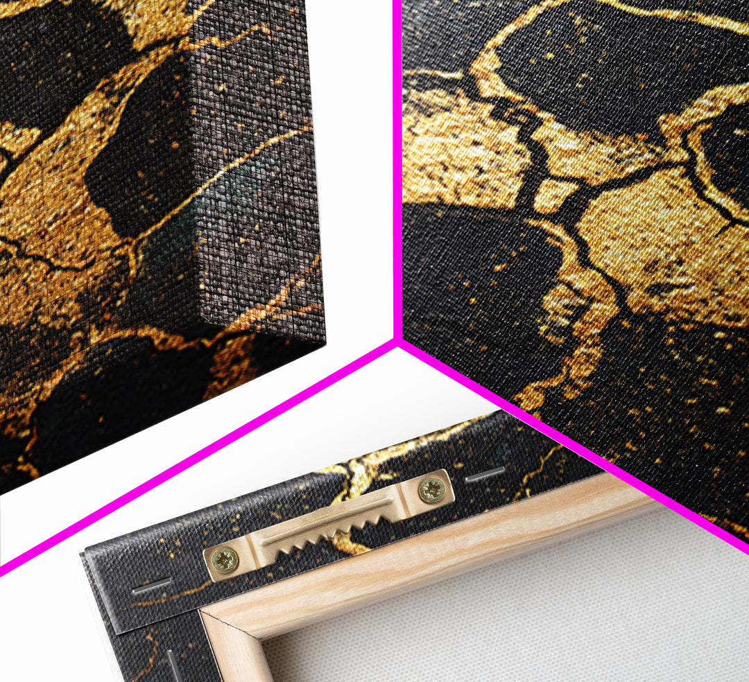 Black And Gold Cracked Earth Abstract Wall Art, Kintsugi Texture Modern Canvas Print, Luxury Earth Tone Statement Home Decor