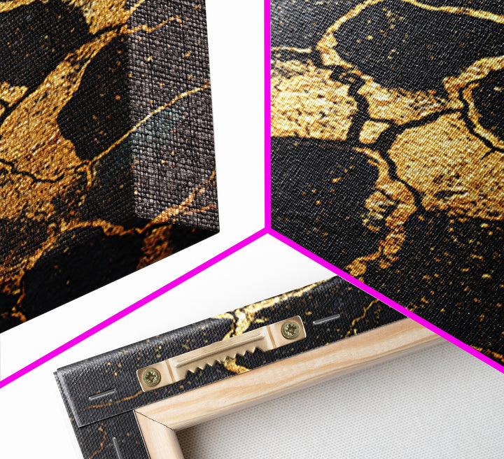 Black And Gold Cracked Earth Abstract Wall Art, Kintsugi Texture Modern Canvas Print, Luxury Earth Tone Statement Home Decor