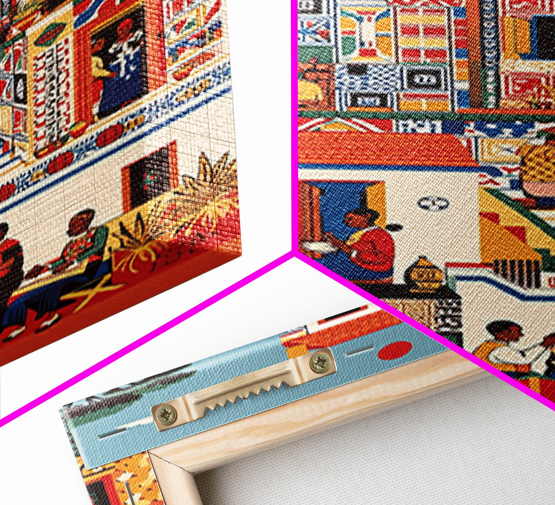 Vibrant African Neighborhood Scene Wall Art, Community Life Canvas Print, Patterned House, Afrocentric Cultural Decor, Gift