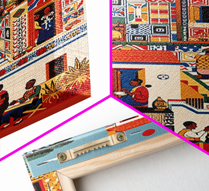 Vibrant African Neighborhood Scene Wall Art, Community Life Canvas Print, Patterned House, Afrocentric Cultural Decor, Gift