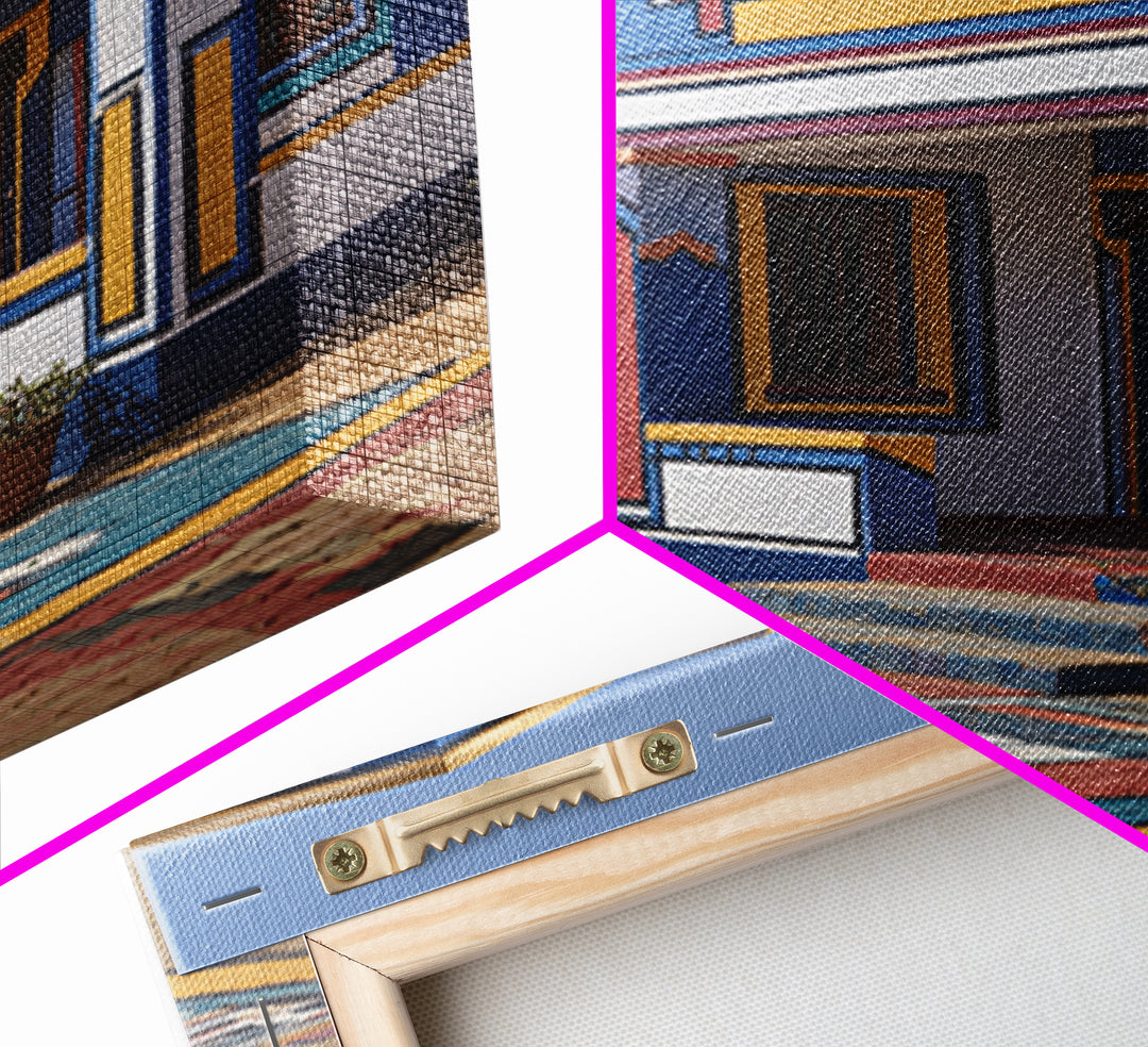 Bright Ndebele Painted Courtyard Framed Canvas Print, African Architecture Wall Art, Geometric Tribal Home Decor Statement Piece