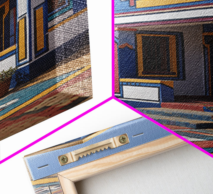 Bright Ndebele Painted Courtyard Framed Canvas Print, African Architecture Wall Art, Geometric Tribal Home Decor Statement Piece
