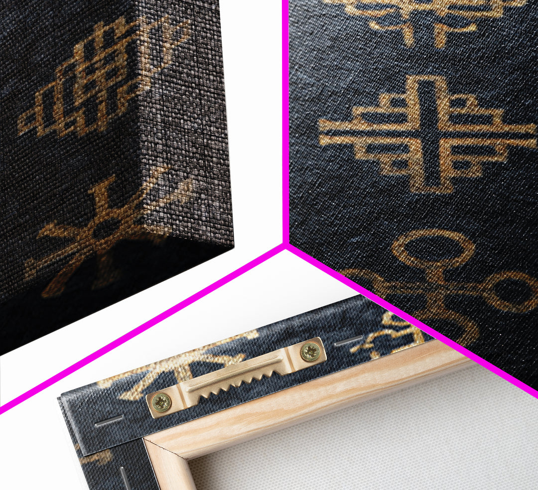 Gold African Adinkra Symbols Wall Art, Black Textured Pattern Print, Tribal Cultural Decor, Afrocentric Home Gift For Office
