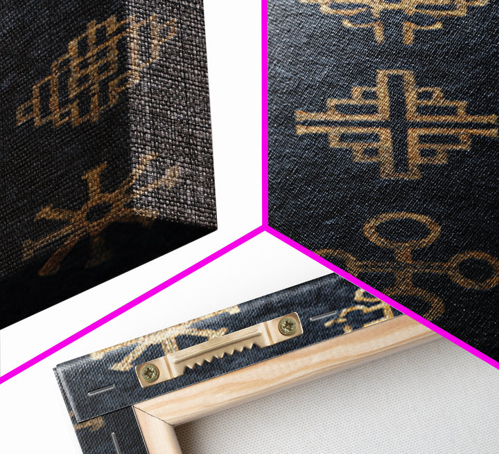 Gold African Adinkra Symbols Wall Art, Black Textured Pattern Print, Tribal Cultural Decor, Afrocentric Home Gift For Office