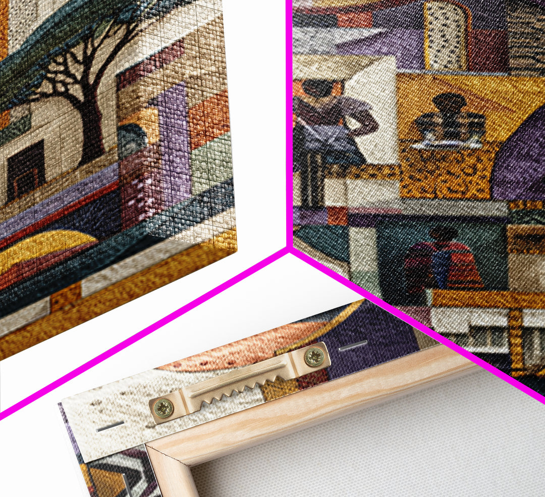 Abstract African Village Collage Canvas Print, Geometric Architecture Wall Art, Textured Cultural Home Decor Gift For Living Room