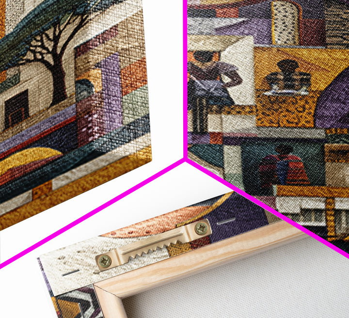 Abstract African Village Collage Canvas Print, Geometric Architecture Wall Art, Textured Cultural Home Decor Gift For Living Room