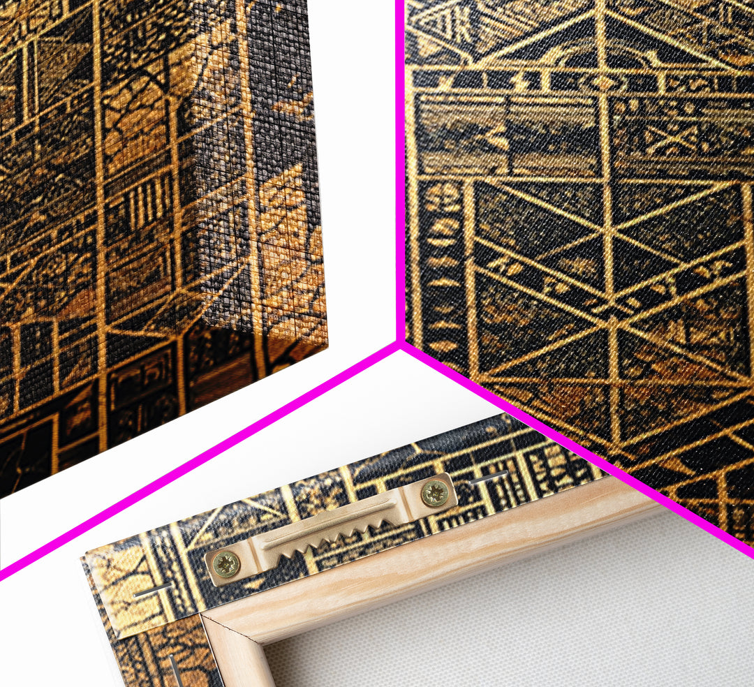 Gold Black Tribal Geometry Canvas Print, African Wall Art, Kuba Pattern Decor, Afrocentric Abstract Home Decor Statement Gift