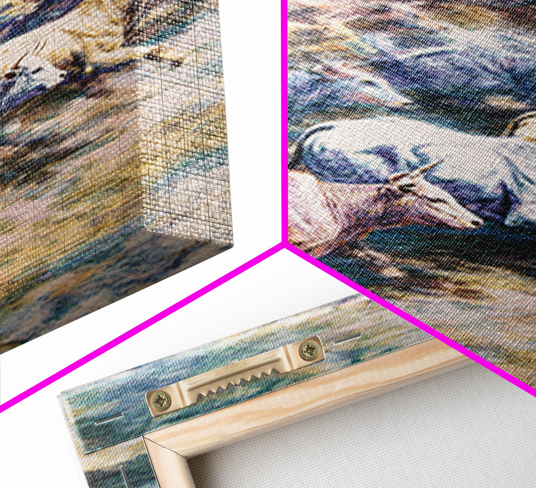 Colorful Running Cattle Herd Across Open Range, Wall Art, African Animal Art, Safari Decor, Textured Painting On Canvas Print