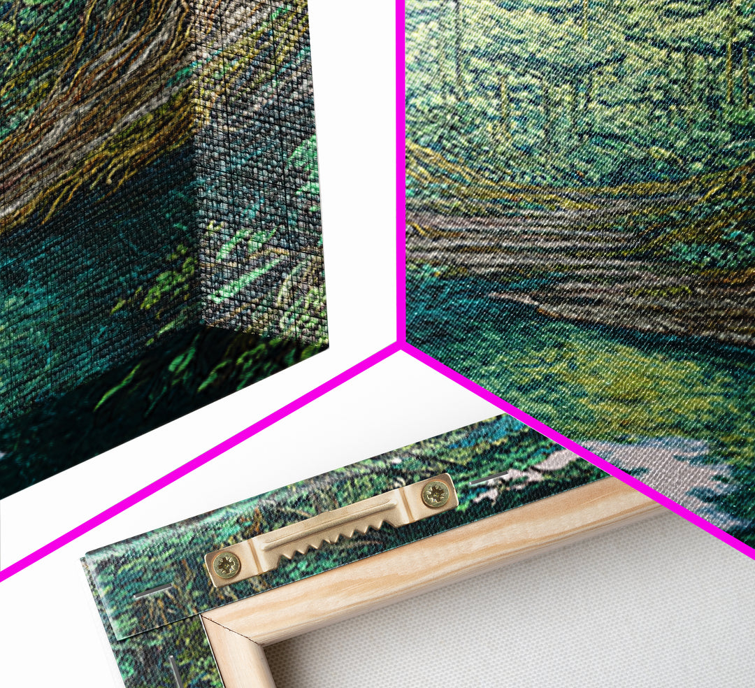 Rainforest River Path Framed Canvas Print, Ancient Jungle Roots, Green Nature Scene Art, Boho Wall Decor, Unique Home Decor