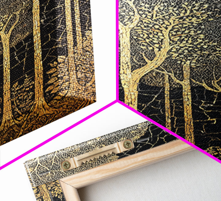 Black And Gold Forest Wall Art, Tall Tree Line Illustration, Abstract Nature Pattern, Elegant Home Decor, Luxury Art Print