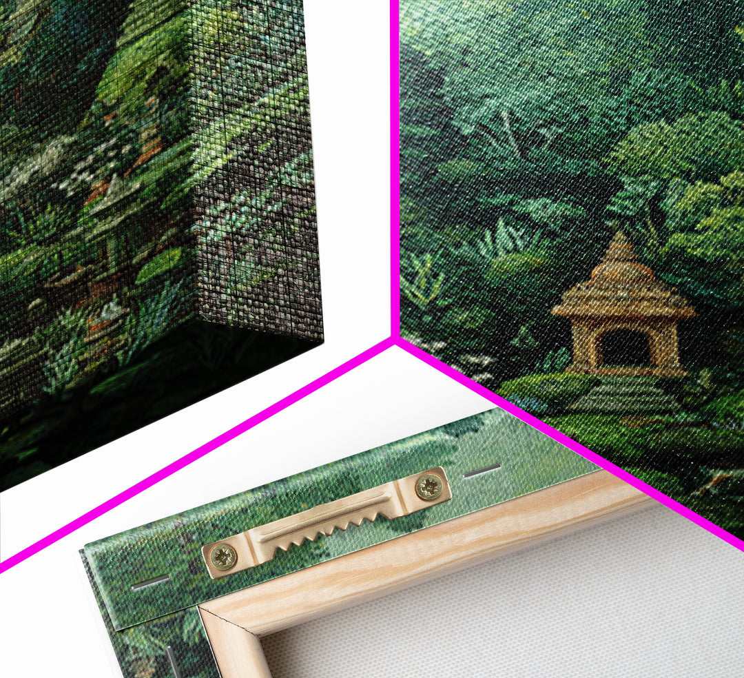 Secret Jungle Temple Garden Canvas Print, Lush Green Botanical Landscape, Spiritual Wall Art, Bohemian Decor Art, Living Room Decor