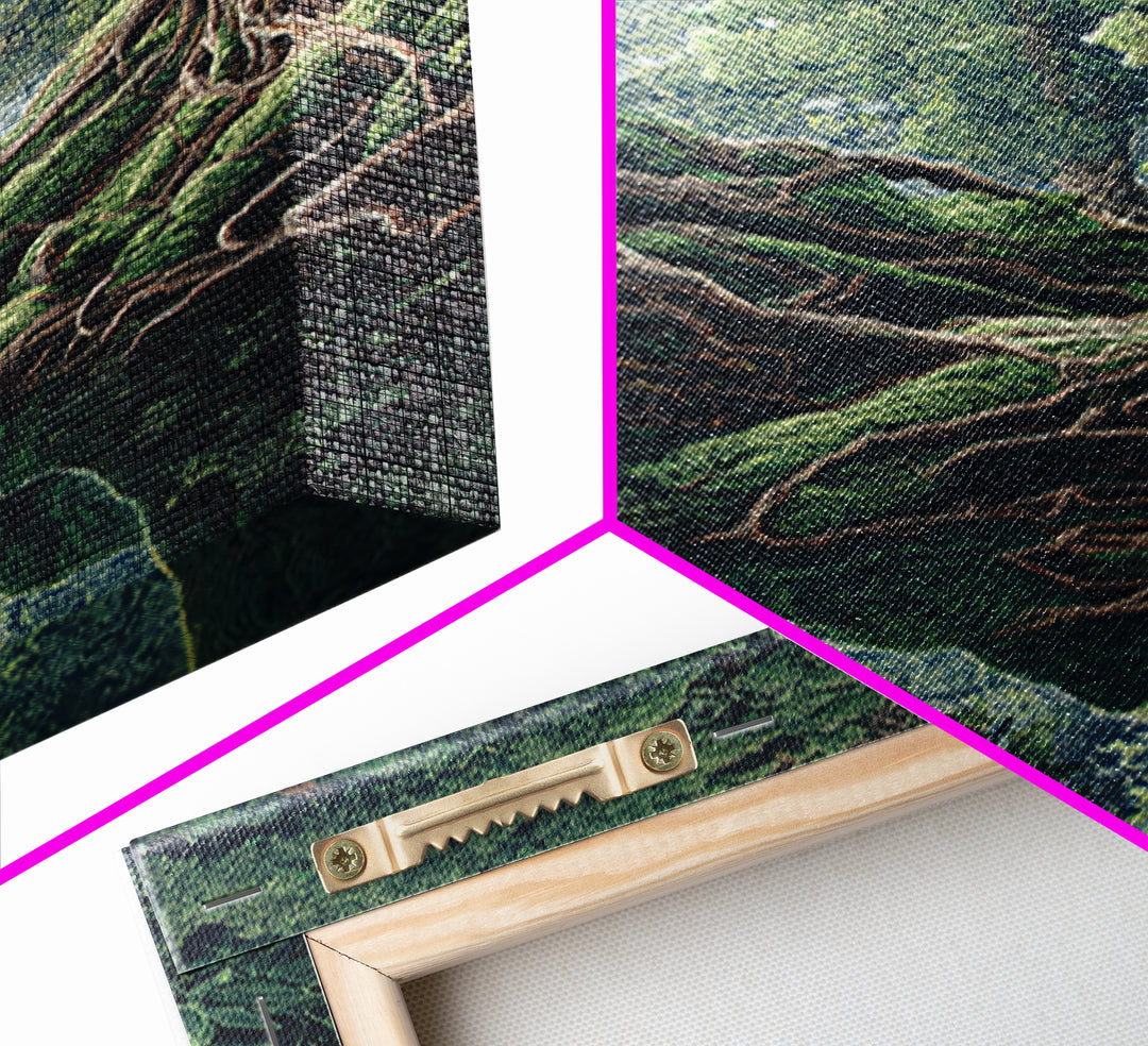 Ancient Forest Roots Wall Art, Mossy Green River Gorge, Mystical Nature Scene Art, Statement Wall Decor, Unique Canvas Print