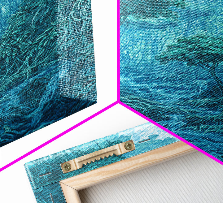 Blue Mystical Rainforest Stream Framed Canvas Print, Dreamy Jungle Wall Art, Teal Nature Scene, Spiritual Wall Decor Gift