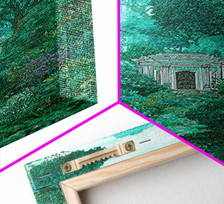 Hidden Garden Temple Path Canvas Print, Emerald Forest Landscape, Dreamy Nature Wall Decor, Botanical Living Room Art Gift