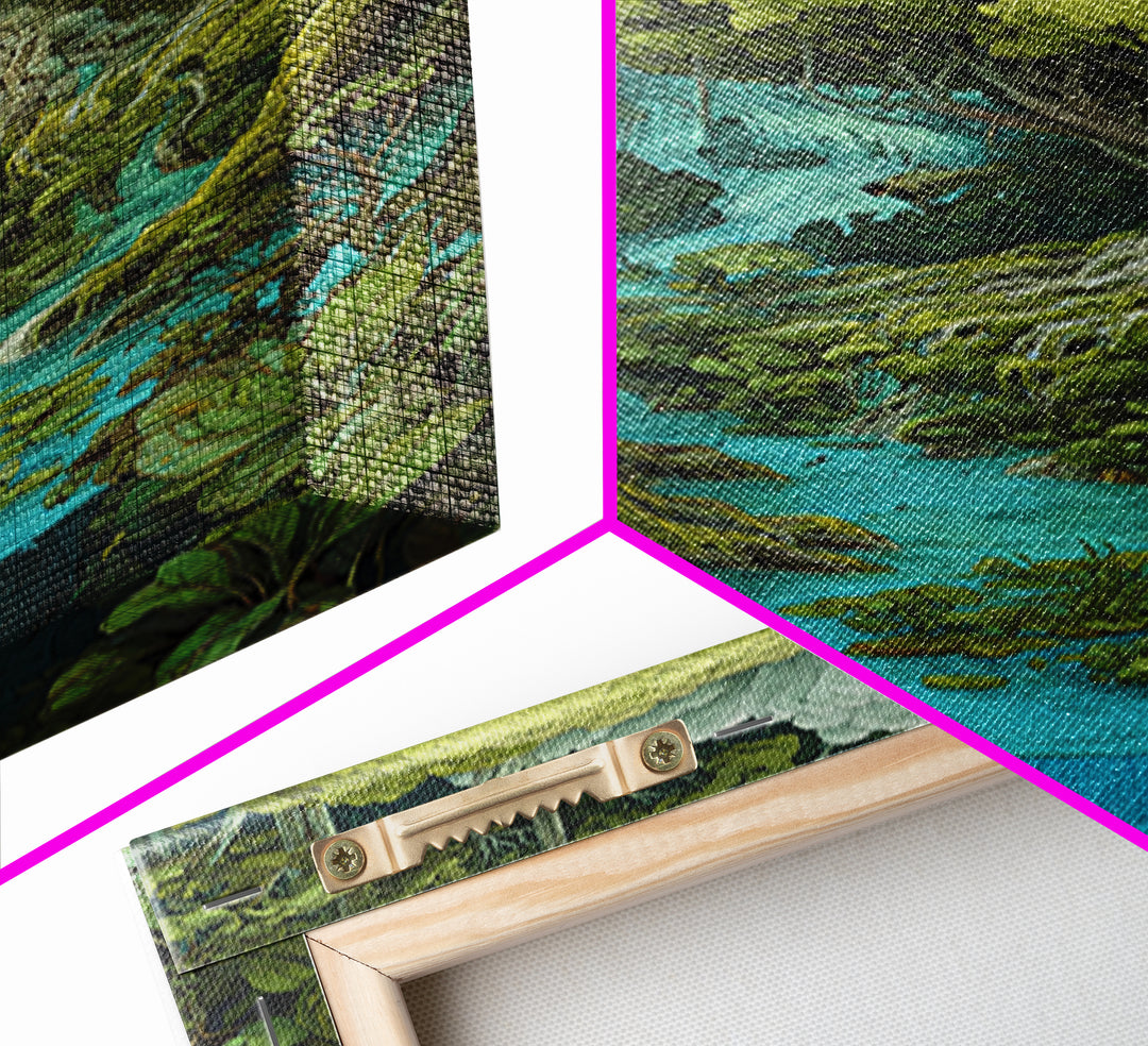 Ancient Banyan Over Turquoise River Painting Canvas Print, Fantasy Jungle Decor, Green Nature Wall Art, Unique Home Decor Gift