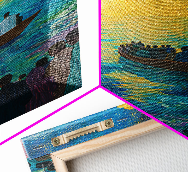 Boat Crossing Turquoise Water To Golden Clouds Wall Art, African Landscape Canvas Print, Spiritual Travel Decor Gift For Home