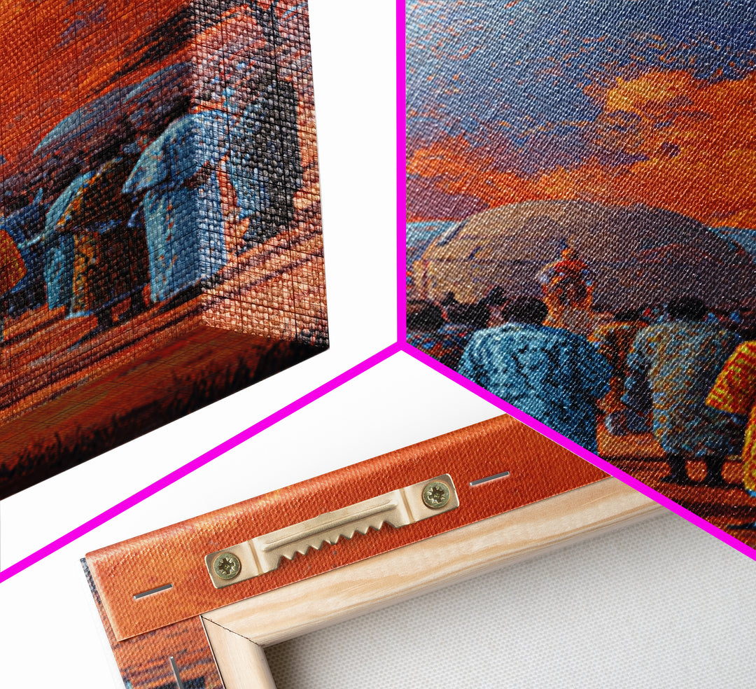 Afrofuturist Gathering Beneath Blue Planet Wall Art, African Culture Canvas Print, Orange Sky Village Home Decor Gift For Her