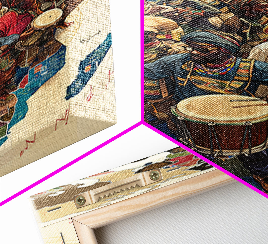 African Musicians Over Motherland Map Framed Canvas Print, African Culture Art, Afrocentric Wall Art, Vibrant Home Decor