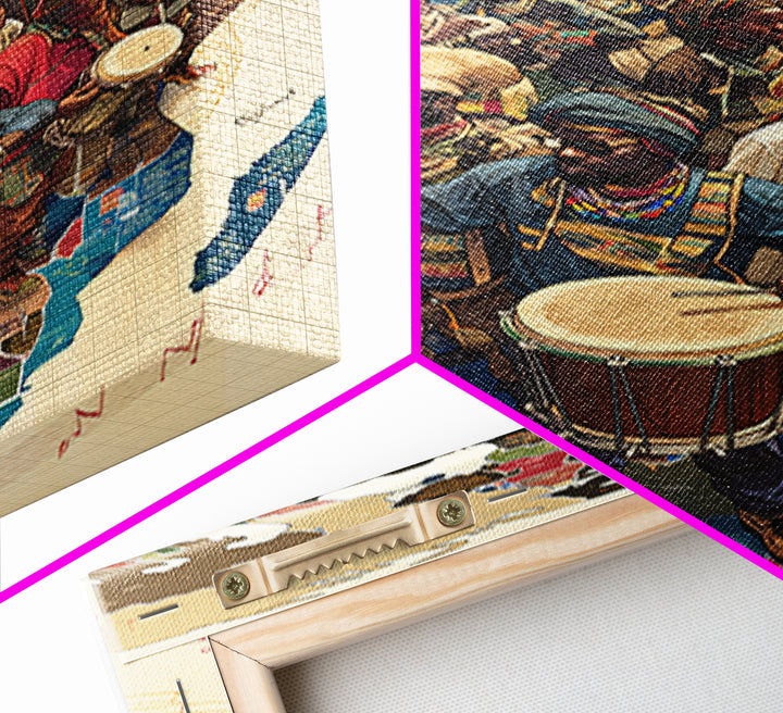 African Musicians Over Motherland Map Framed Canvas Print, African Culture Art, Afrocentric Wall Art, Vibrant Home Decor