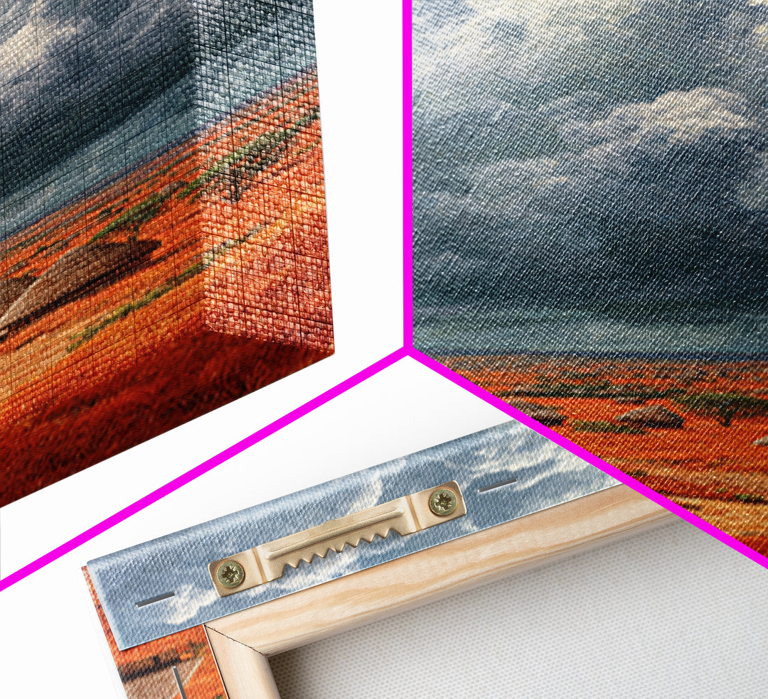 Red African Village Beneath Dramatic Storm Clouds Framed Canvas Print, Safari Landscape Wall Art, Earth Tone Home Decor Gift