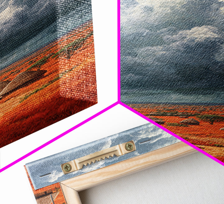 Red African Village Beneath Dramatic Storm Clouds Framed Canvas Print, Safari Landscape Wall Art, Earth Tone Home Decor Gift
